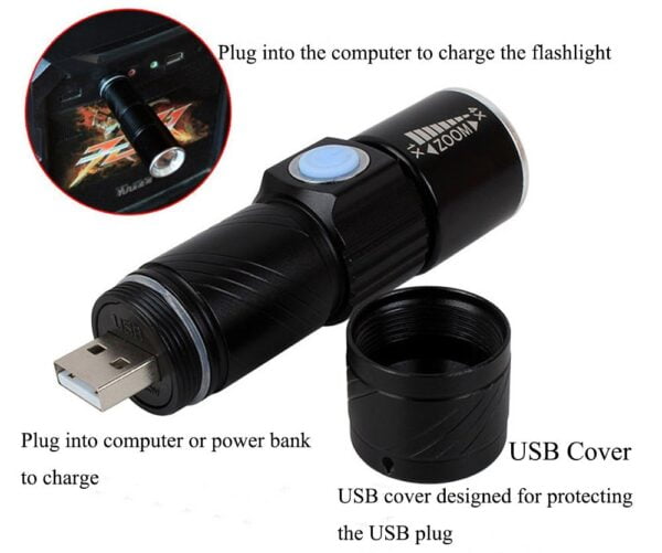 Mini LED flashlight, Rechargeable USB port, 4x zoom multiplier, long range - Image 3