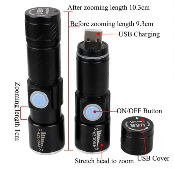 Mini LED flashlight, Rechargeable USB port, 4x zoom multiplier, long range - Image 5