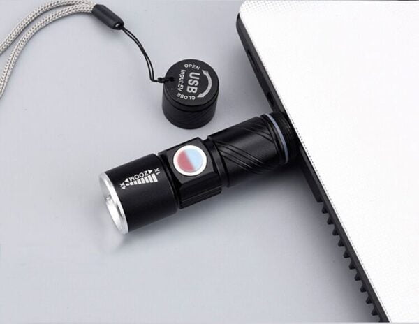 Mini LED flashlight, Rechargeable USB port, 4x zoom multiplier, long range